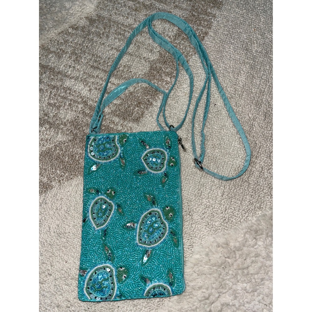 Bamboo Trading Company Sea Turtle Beaded Crossbody Phone Bag Teal Sequin Pouch